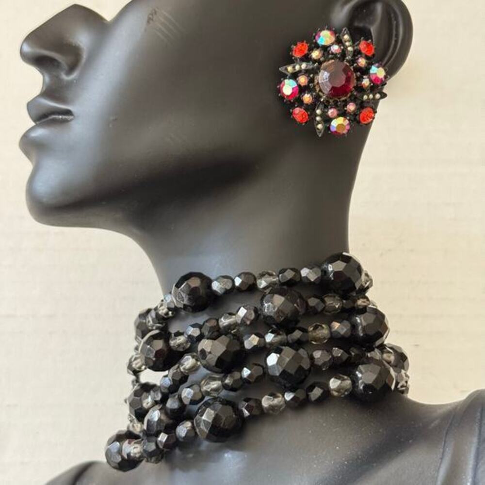Vintage Black Jet Crystal Choker Necklace Clip Earrings Set Red Rhinestones